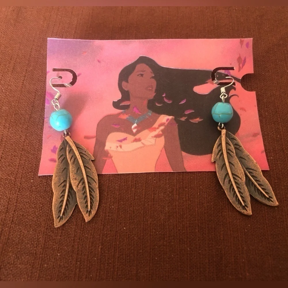 Disney Pocahontas Feather Earrings with Turquoise - Picture 3 of 5
